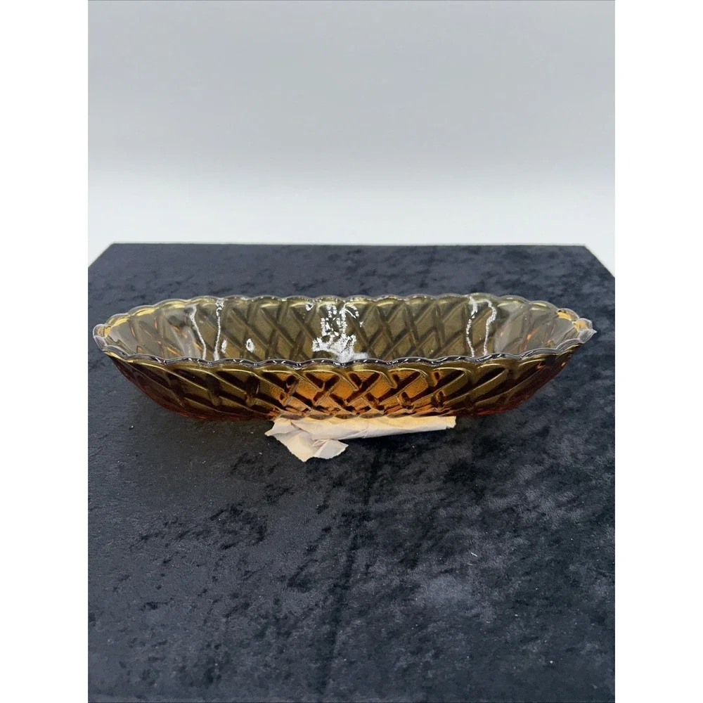 Vintage Indiana Amber Carnival Glass Oval Dish Relish Dish‎ Pretzel Basket Weave